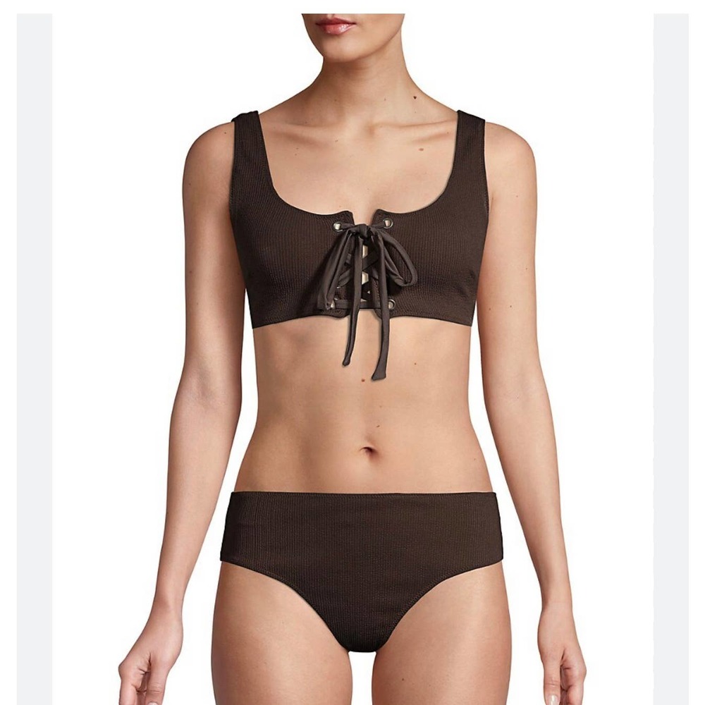 NWT Ganni Lace Up Grommet Tank Ribbed Dark Brown Bikini Set size 38/US 6